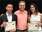 Lucas Ting and Shirin Feghhi holding up their awards and  Associate Professor and advisor, Nathan Sniadecki