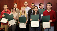 Jessica Coleman, Tomas Martinez, Howard Lu, Erin Clement, Melissa Martinsen, Tracy Yuan and Kaiwen Sun hold certificates, with Professor Daniel Kirschen and EE Chair Vikram Jandhyala.