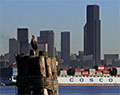 container ship and downtown Seattle