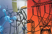 composite of researcher in lab and power lines with orange sky