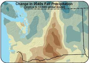 map of Washington state showing predicted precipitation changes