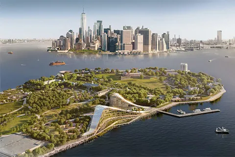 green island with curved glass buildings and Manhattan in the background