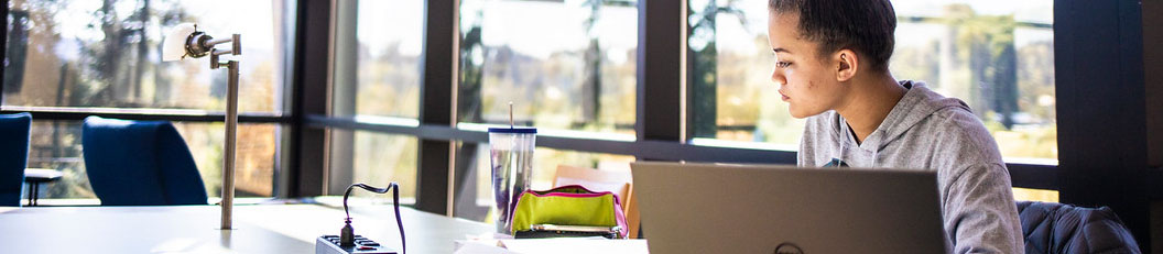 a young woman sitting at a table working on a laptop