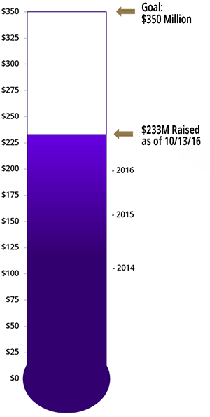 fundraising progress thermometer showing 67% to goal at $233 million