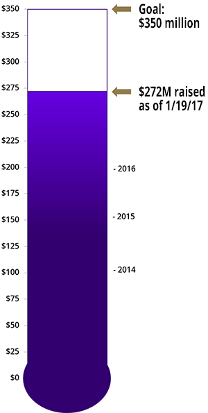 fundraising progress thermometer showing 78% to goal at $233 million