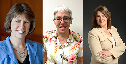 composite image of three alumnae: Amy Haugerud, ’77 B.S.; Anne Symonds, ’75 B.S.; ’78 M.S., and Kristen Betty, ’83 B.S. and women CEE students working on a project