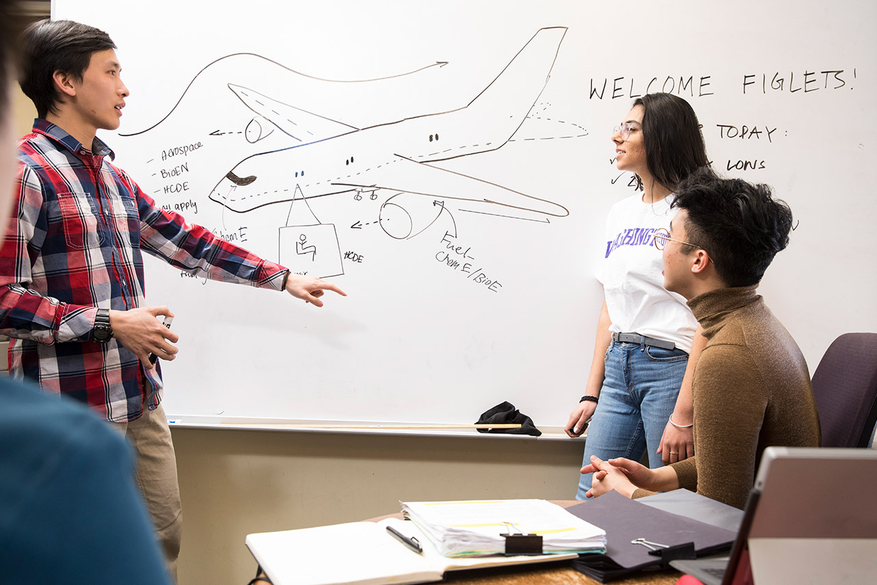 Multiple students standing by illustration of plane on whiteboard ddiscussing