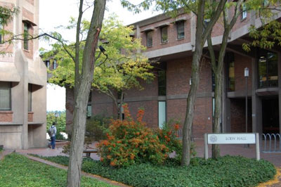 Loew Hall with sign and landscaping