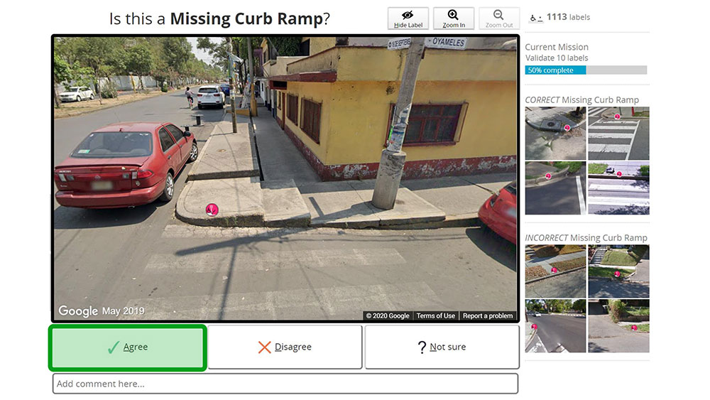 A screen capture of the AccessMap that shows the sidewalk without curb ramp