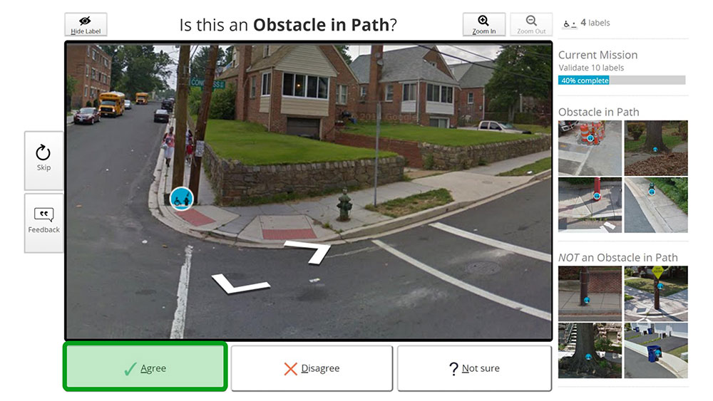 A screen capture of the AccessMap that shows a sidewalk with a fire hydrant near the curb ramp