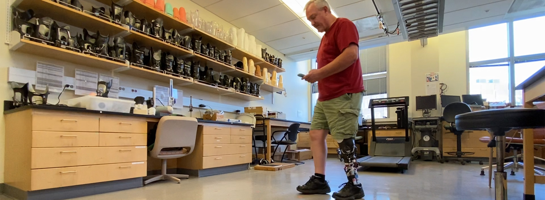 A volunteer in a prosthetic leg