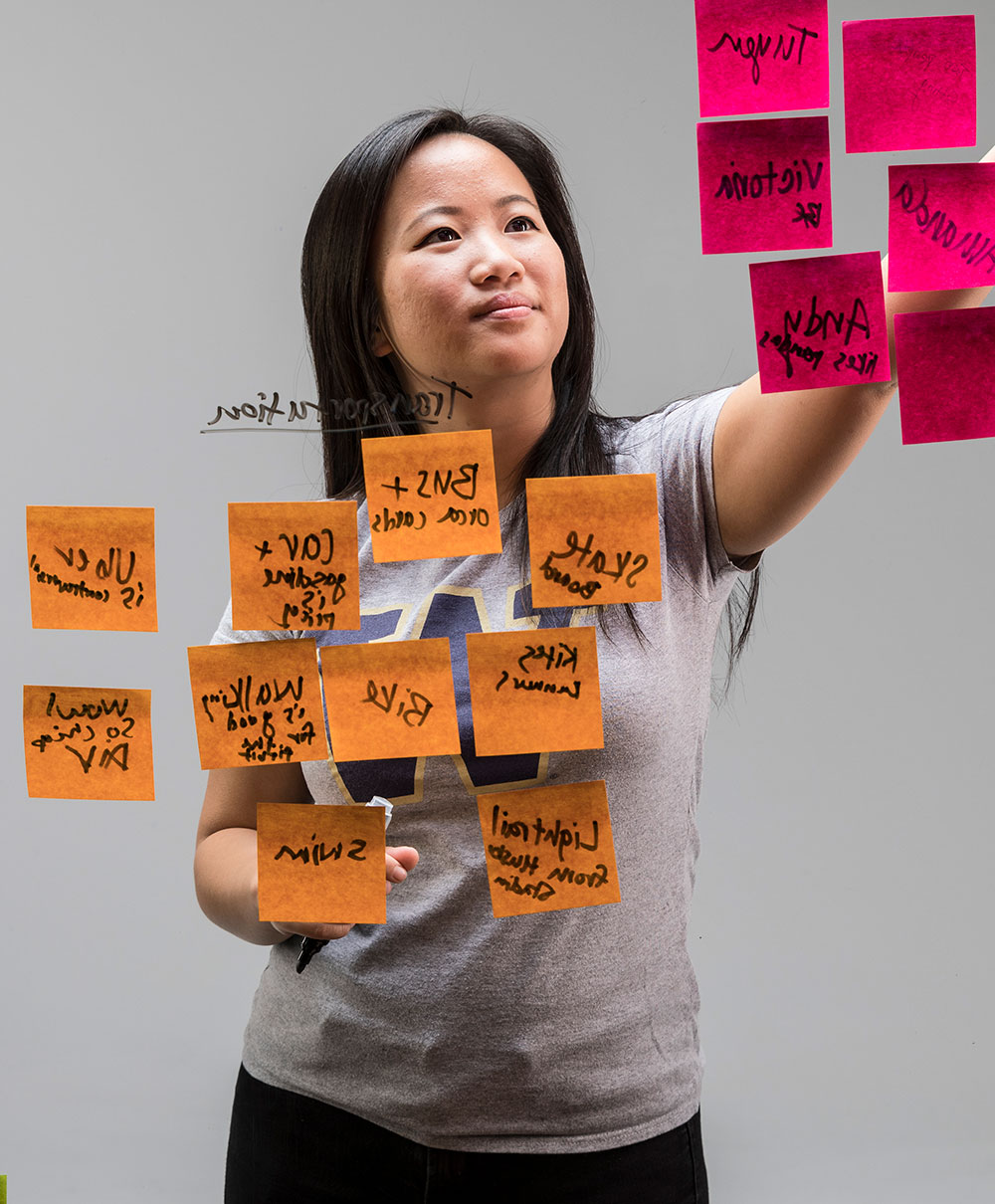 Student putting up sticky notes