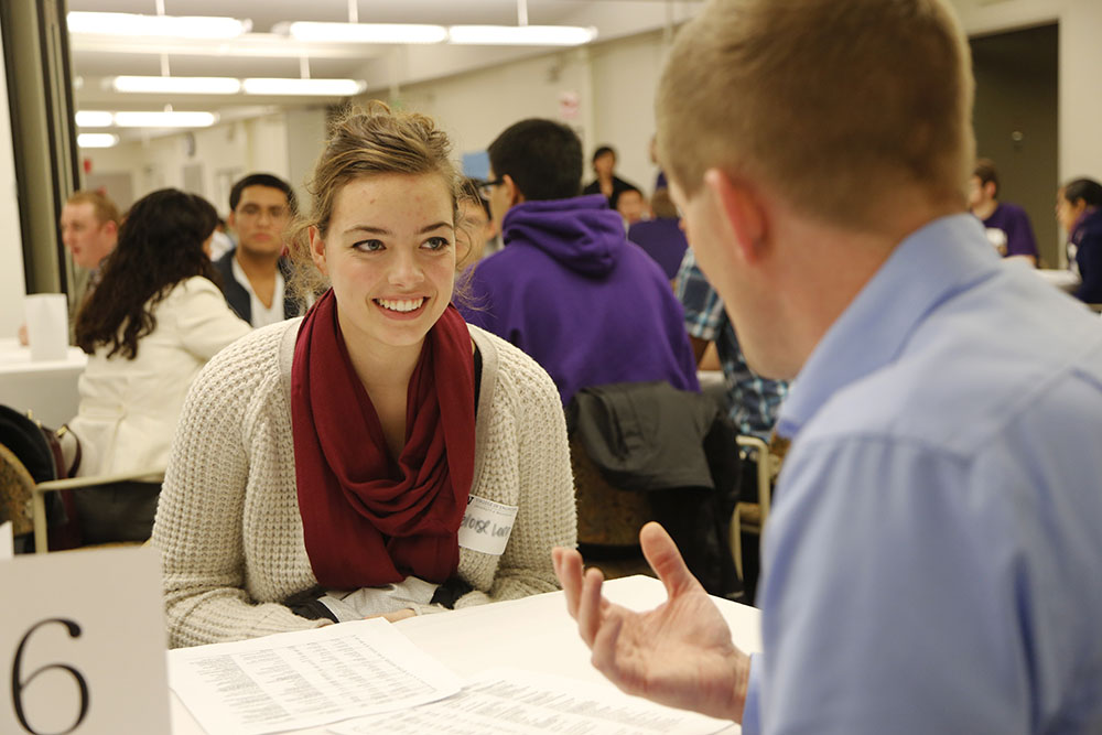 Student being interviewed at a CC@E event