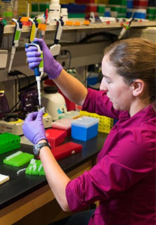 Lee Organick, a UW computer science and engineering research scientist, mixes DNA samples for storage. Tara Brown Photography/ University of Washington