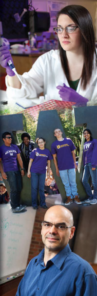 images of student in lab, instructor at board, students on campus