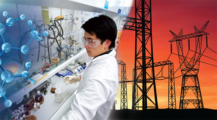 composite photo of a researcher in a lab and high voltage power lines