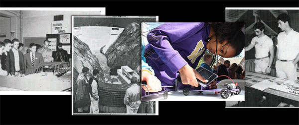 collage of black and white photos from Discovery Days 100 years ago with 2014 full color photo on top