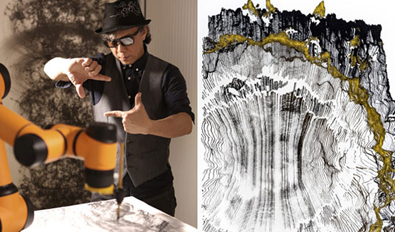 Collage: on the left, Victor Wong and A.I. Gemini at work; on the right, artwork created by A.I. Gemini