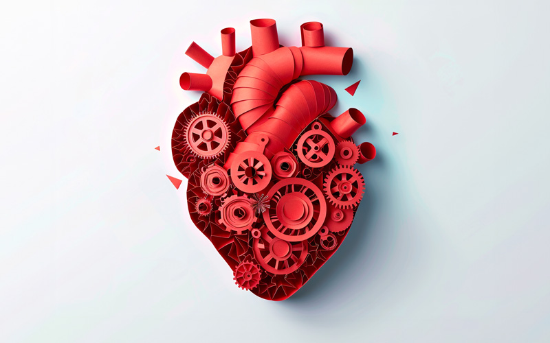 A heart shape made of red mechanical gears and pipes on a light blue background.