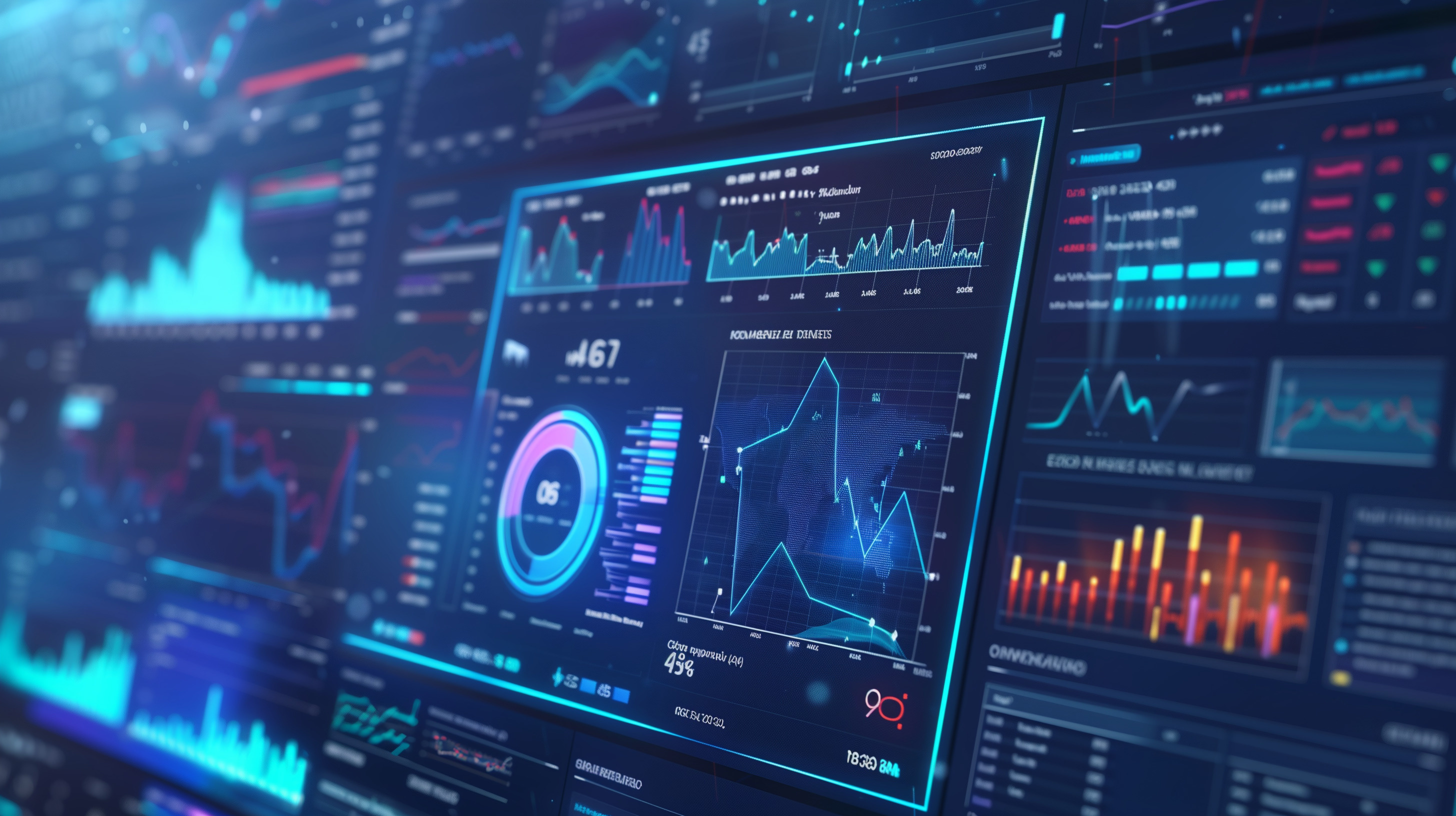 A detailed digital dashboard with various data visualizations, including graphs and charts in blue hues.