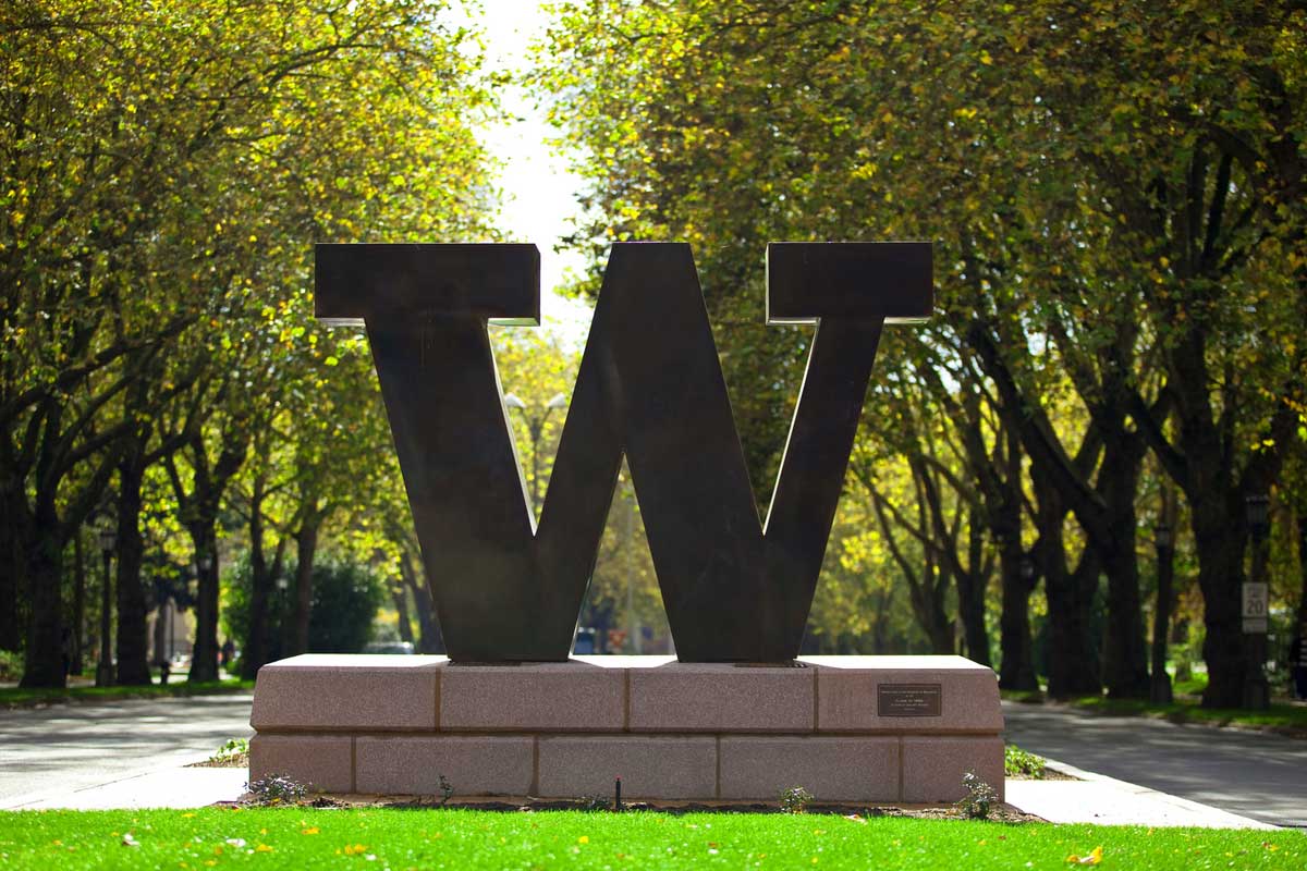 Bronze block W at the entrance to UW