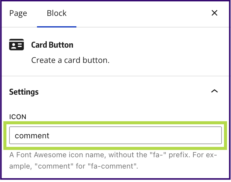 Screenshot of Card Button block's icon field