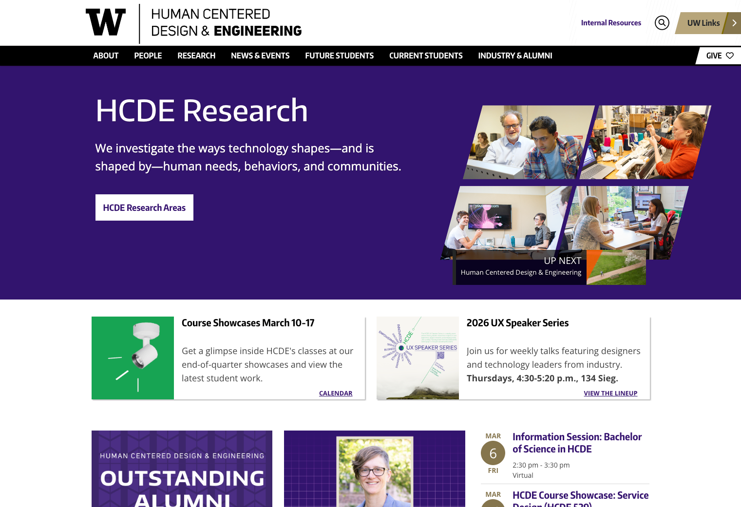 A screenshot of the Human Centered Design & Engineering homepage