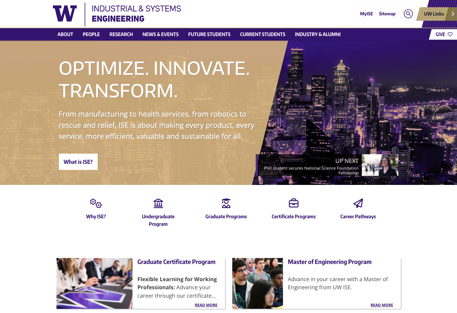 Screenshot of the Industrial Systems Engineering homepage