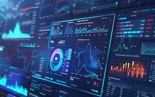 A detailed digital dashboard with various data visualizations, including graphs and charts in blue hues.