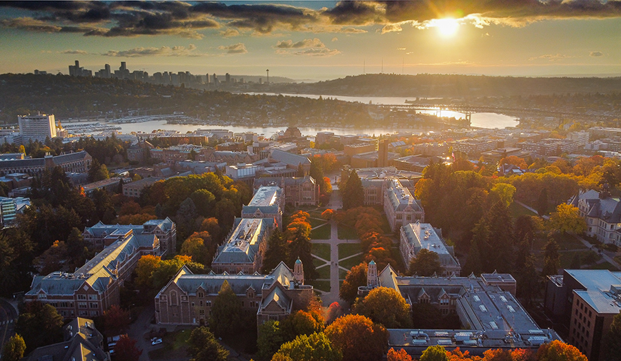 Aerial view of campus at sunset
