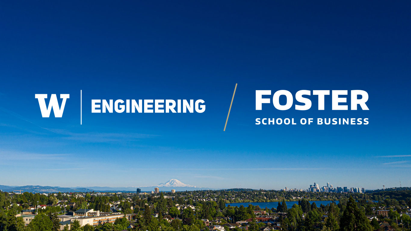 Clear sky, aerial shot of Puget sound region. UW Engineering and Foster School of Business logos overlaid.