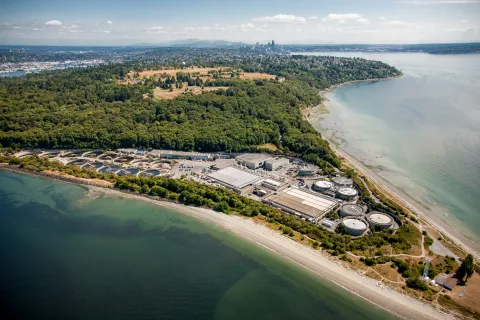 An aerial view of a wastewater treatment plant