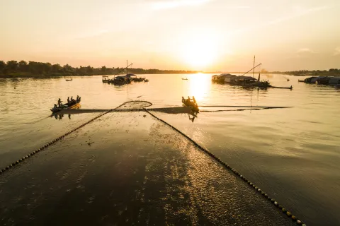Boats and floating houses on the river