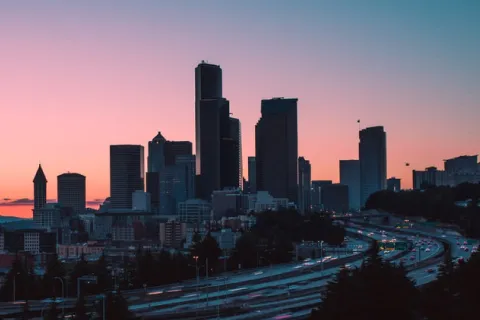traffic on Interstate 5 through downtown Seattle at sunset 