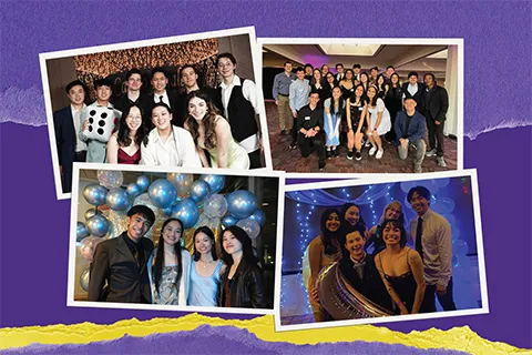 Four Polaroid photos of students smiling at the camera during the engineering formals, set against a purple and yellow ripped paper background