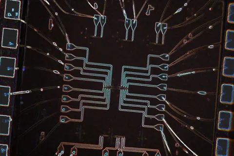 n optical image of the electrically controlled coupled cavity array in the team’s silicon photonic chip.