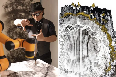 Victor Wong and artwork created by his AI powered robot