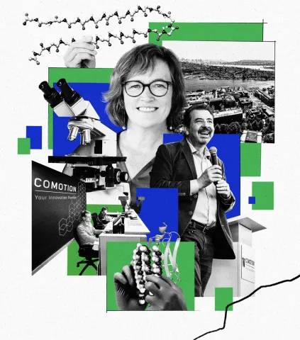 A collage of scientific and academic elements including people, a microscope, molecular models, and a university campus.