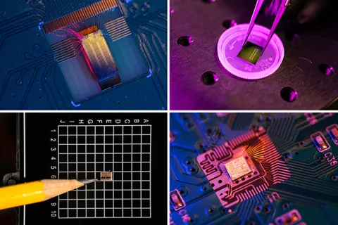 A closeup of four, colorful microchips