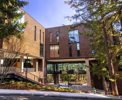 Photo of the exterior of the IEB building's brick architecture with surrounding trees under a blue sky.