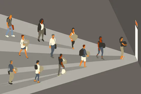 People exiting through a door
