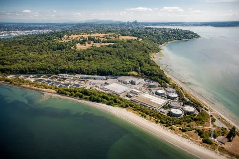 An aerial view of Seattle's West Point Treatment Plant.