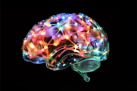 Glass brain model showing illuminated neural network on black background.