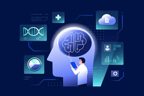 Illustration of a doctor surrounded by technology symbols.