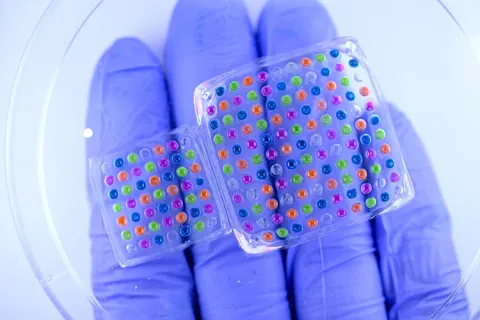 Gloved hand holding a 3D printed PHAST device filled with dye for visualization.