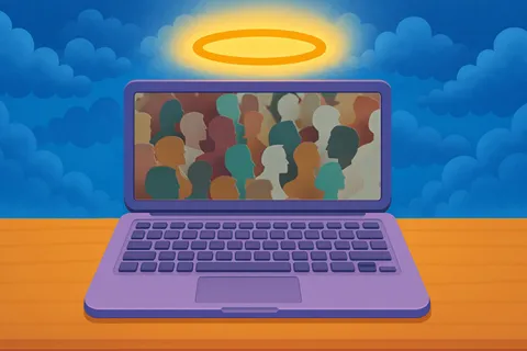 Illustration of a laptop on a table, with an angelic halo above it.