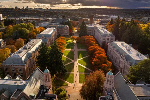 Aerial view of University of Washington campus in autumn