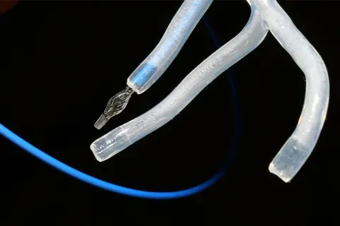 A catheter routed through a model of arteries.