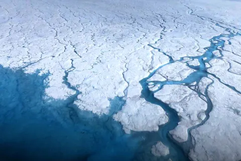 An aerial view of the Heimdal Glacier in southern Greenland.