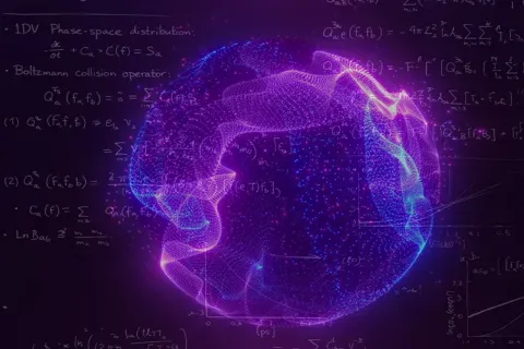 Glowing abstract sphere with particle patterns and surrounding mathematical equations on a purple background